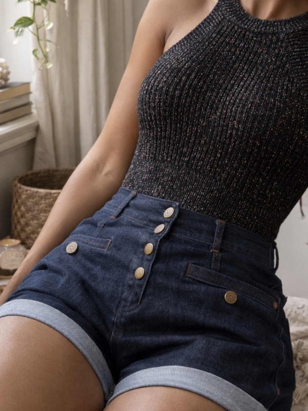 Gracia Dark Blue High-Waist Button-Front Denim Shorts - Picture 2 of 4